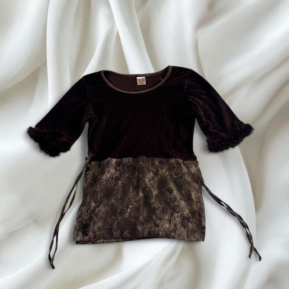 Clock House mixed media velvet feather cuff babydoll top y2k 90s vintage euro
